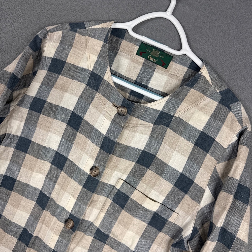 Orvis Shirt Womens 10 Beige Plaid Linen Button Up Collarless Long Sleeve USA